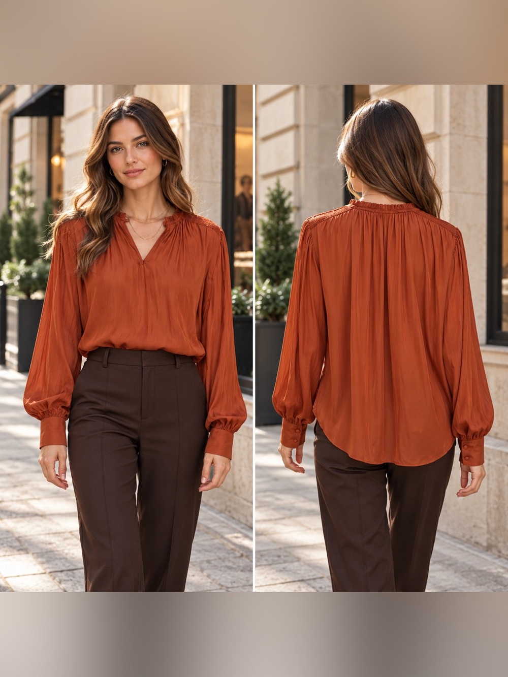 Scotch & Soda Rust Orange Smocked Yoke Balloon Sleeve Blouse M